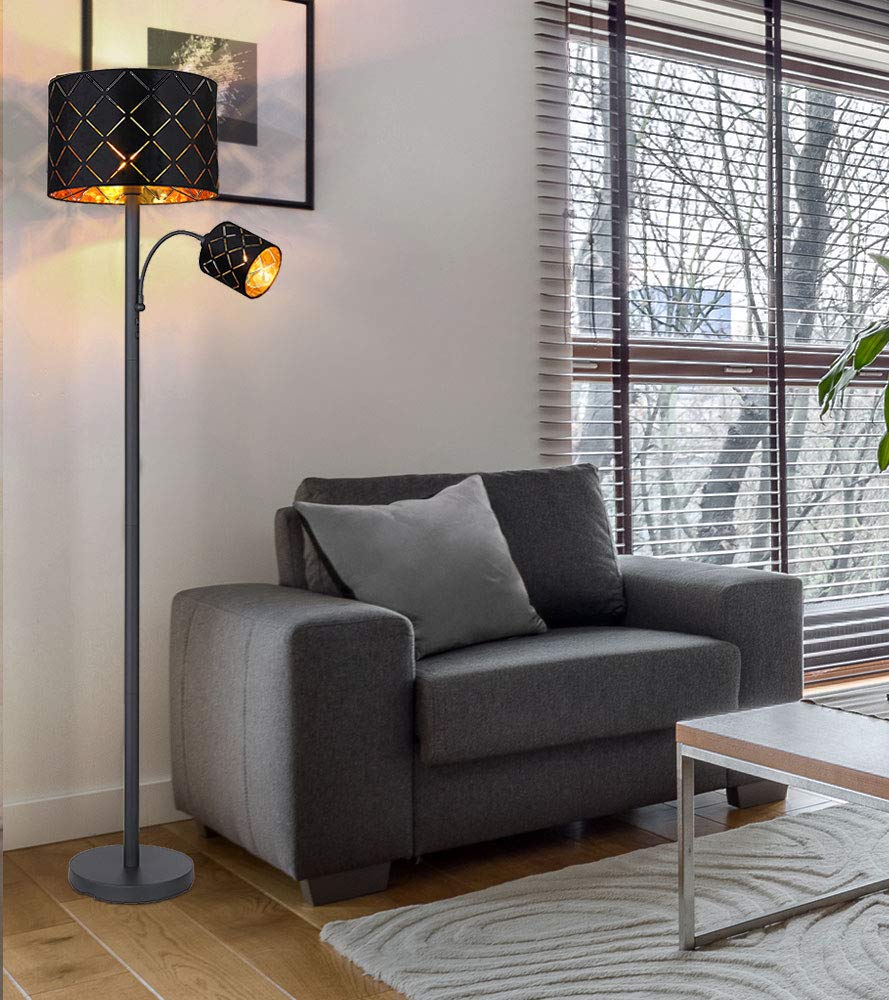 Stehleuchte mit Leselampe Stehlampe Wohnzimmer Stehleuchte Leseleuchte Deckenfluter Schwarz Gold, Leselampe flexibel Dekorstanzungen, 1x E27 1x E14, DxH 35 x 162 cm
