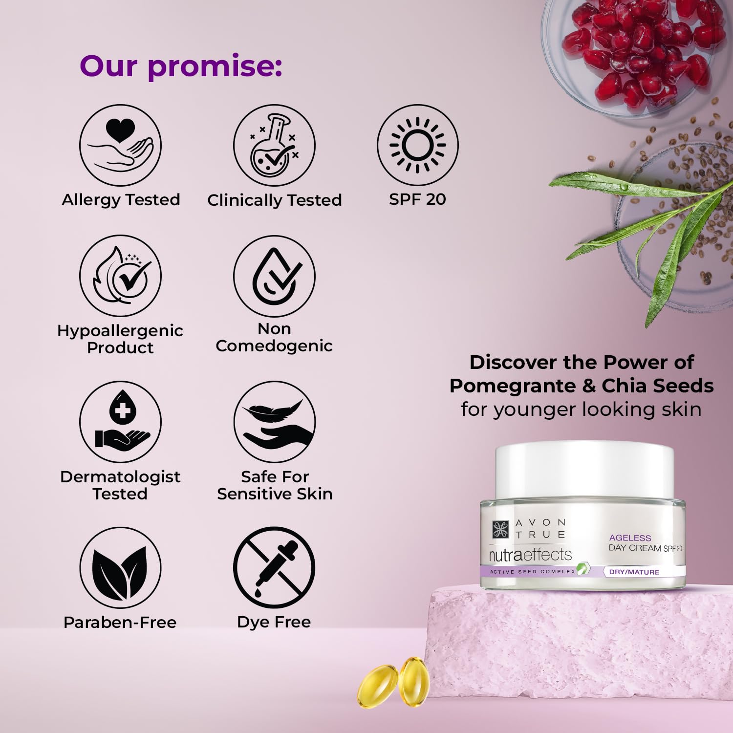 Avon Nutra Effects Ageless Day Cream SPF 20, 50g - Dry/Mature - Active Seed Complex