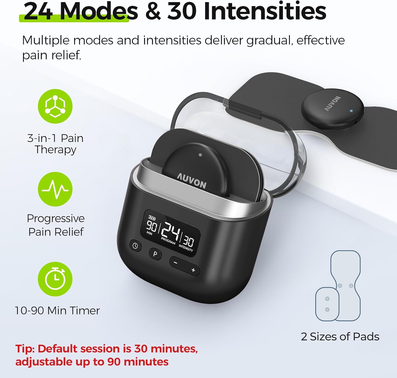 AUVON TENS Machine display showing modes and intensity