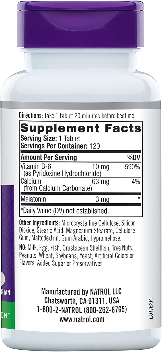 Natrol 3mg Melatonin Sleep Aid Tablets, Fall Asleep Faster, Stay Asleep Longer, 99% Pure Melatonin, Dietary Supplement, 120 Count