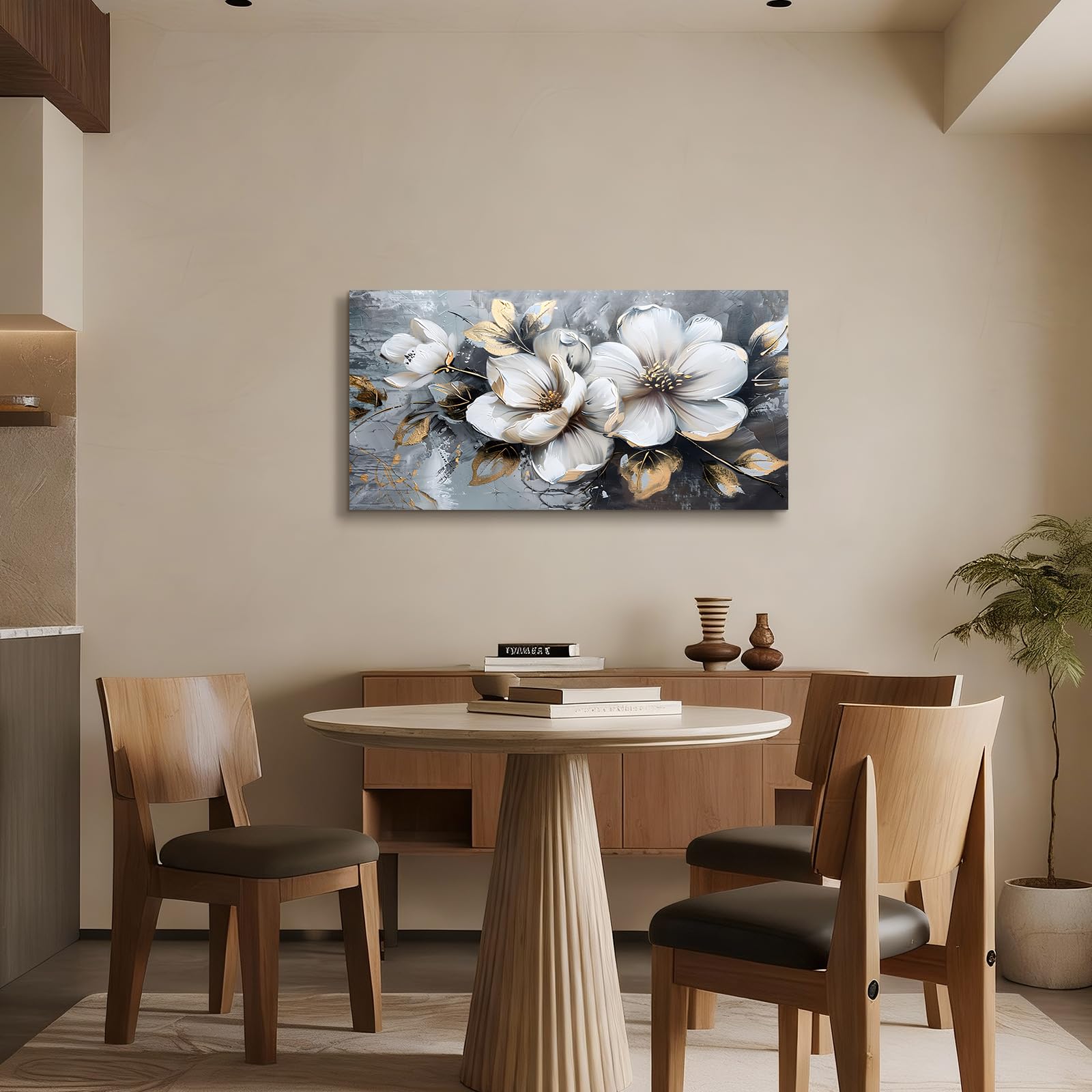 JHHUAMO Leinwand Bilder Groß, Modernes Wohnzimmerbilder, Weißer Blumen Ölgemälde, Wanddekoration Ästhetisches für Schlafzimmer Büro Treppe Esszimmer Arbeitszimmer Flur 59x119 cm