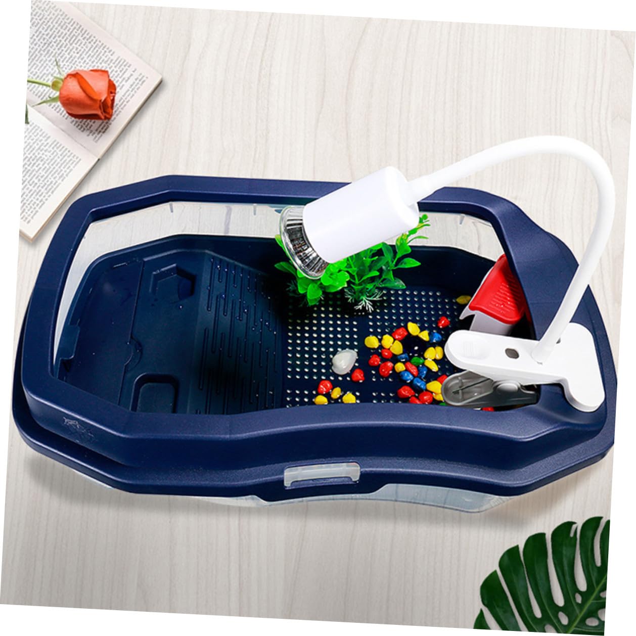 SHINEOFI Tanque para Tortugas Azul con Plataforma para Tomar Sol Doble Uso Agua y Tierra Terrario de Alimentación Resistente y Fácil de Limpiar para Mascotas Reptiles