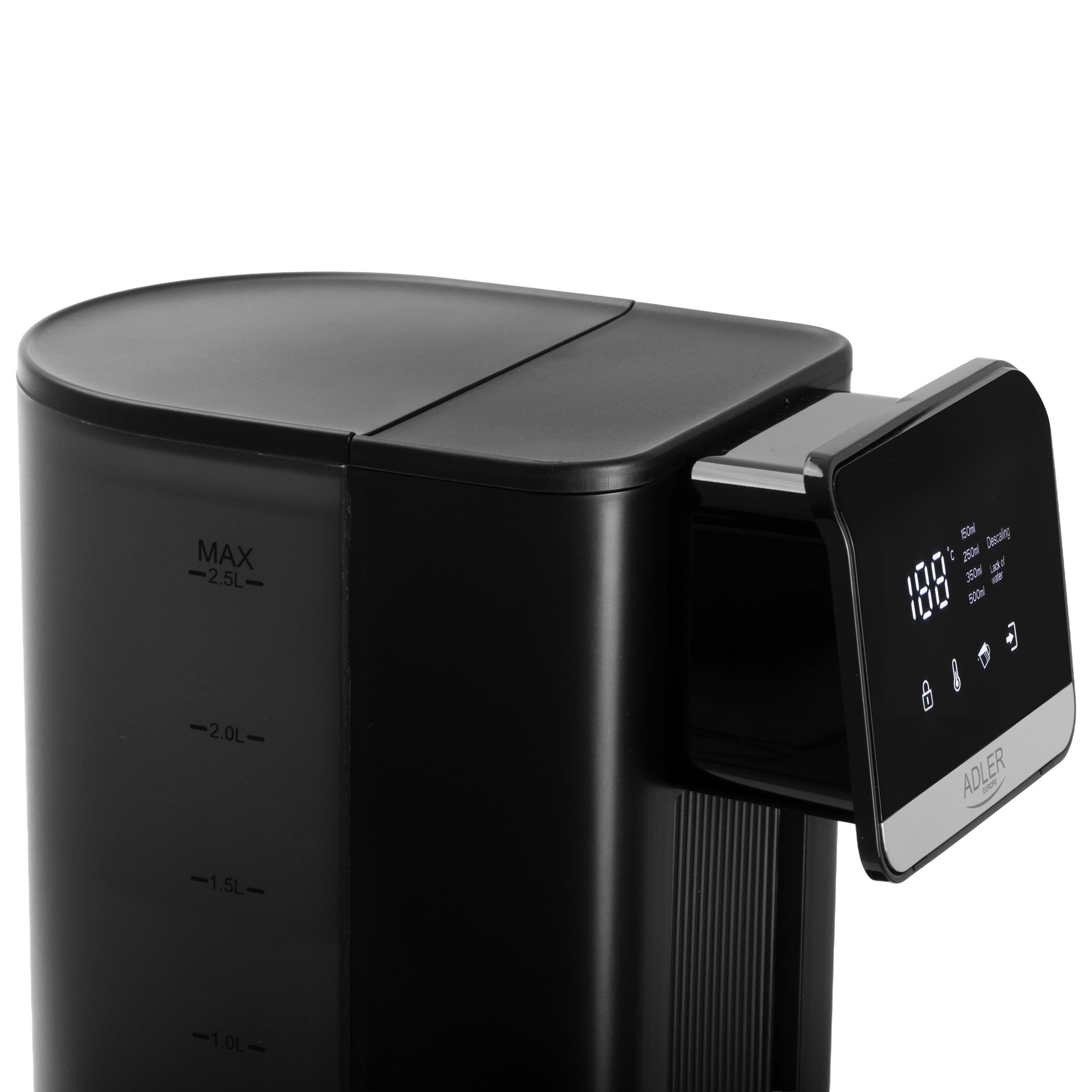 ADLER EUROPE Dystrybutor do gorącej wody, dozownik do przefiltrowanej gorącej wody, filtr do wody, max 2,5L, min 0,5L, 2600W, 8 temperatur, gorąca woda w kilka sekund, energooszczędny, LCD