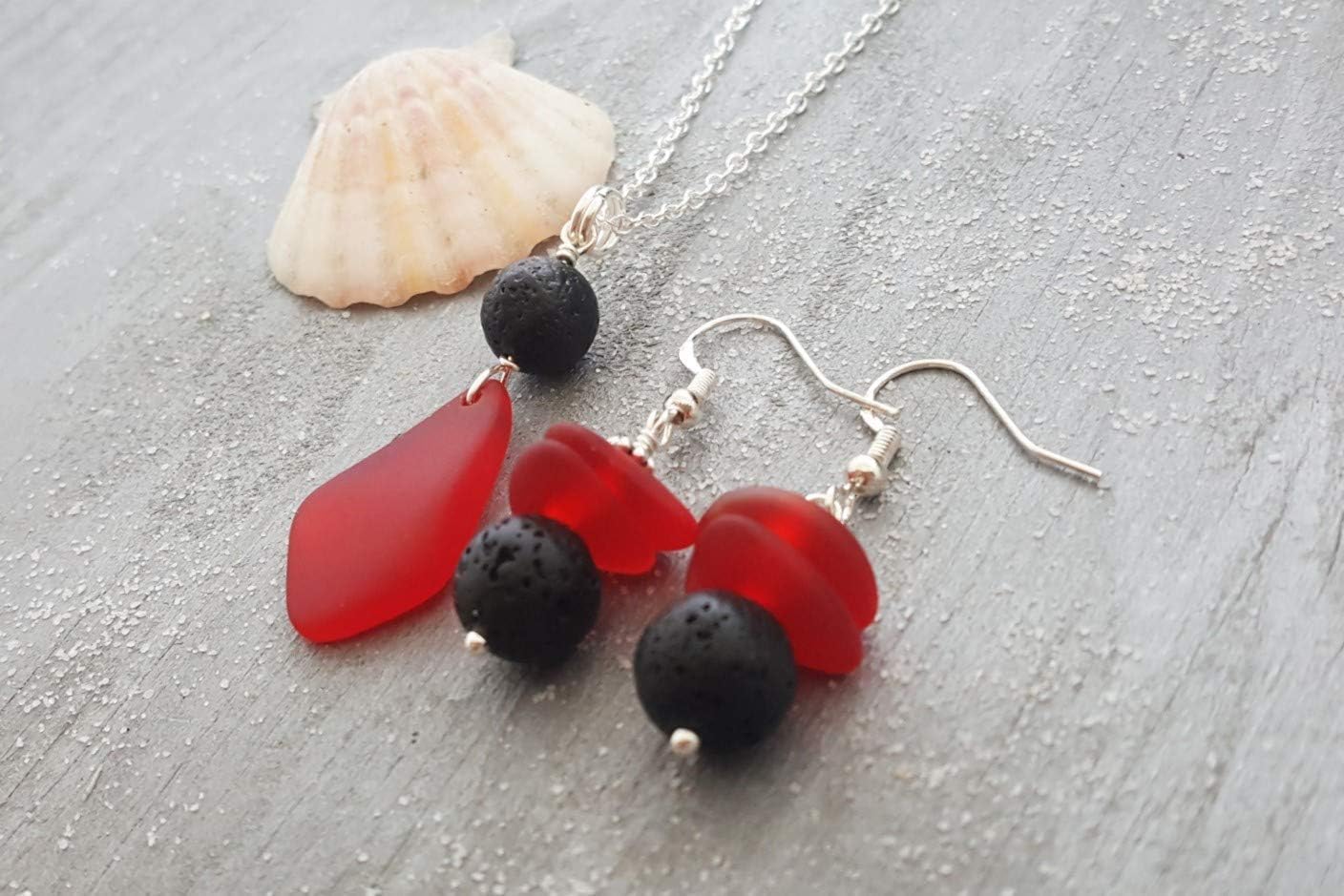 yinahawaii Hawaii Volcanic Eruption with Lava and Fire jewelry, lava stone + red sea glass Necklace + Earrings Set,January Birthstone