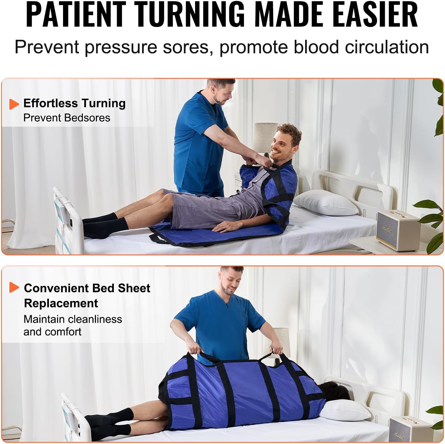 VEVOR Positioning Bed Pad with 8 Reinforced Handles, 48" x 40" Lifting, Turning, Repositioning, Patient Transfer Sheet Washable for Elderly, Patient, Bedridden, 400LBS Capacity