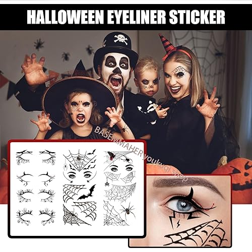 Miniatura 6 de 4 pares de calcomanías de tatuaje temporales de sombra de ojos de Halloween, calcomanías delineadoras de ojos y 2 hojas de telaraña, calavera,