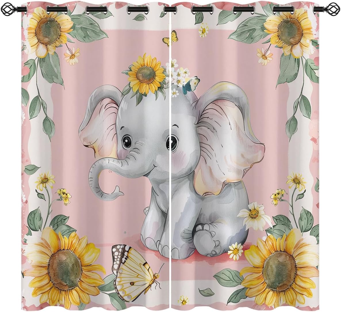 Cute Baby Elephant Blackout Curtains for Girls Boys Home Decor, Cartoon Pink Sunflower Butterfly Grommet Thermal Insulated Drapes Darkening Window Curtain for Bedroom Living Room, 42 x 45 Inch