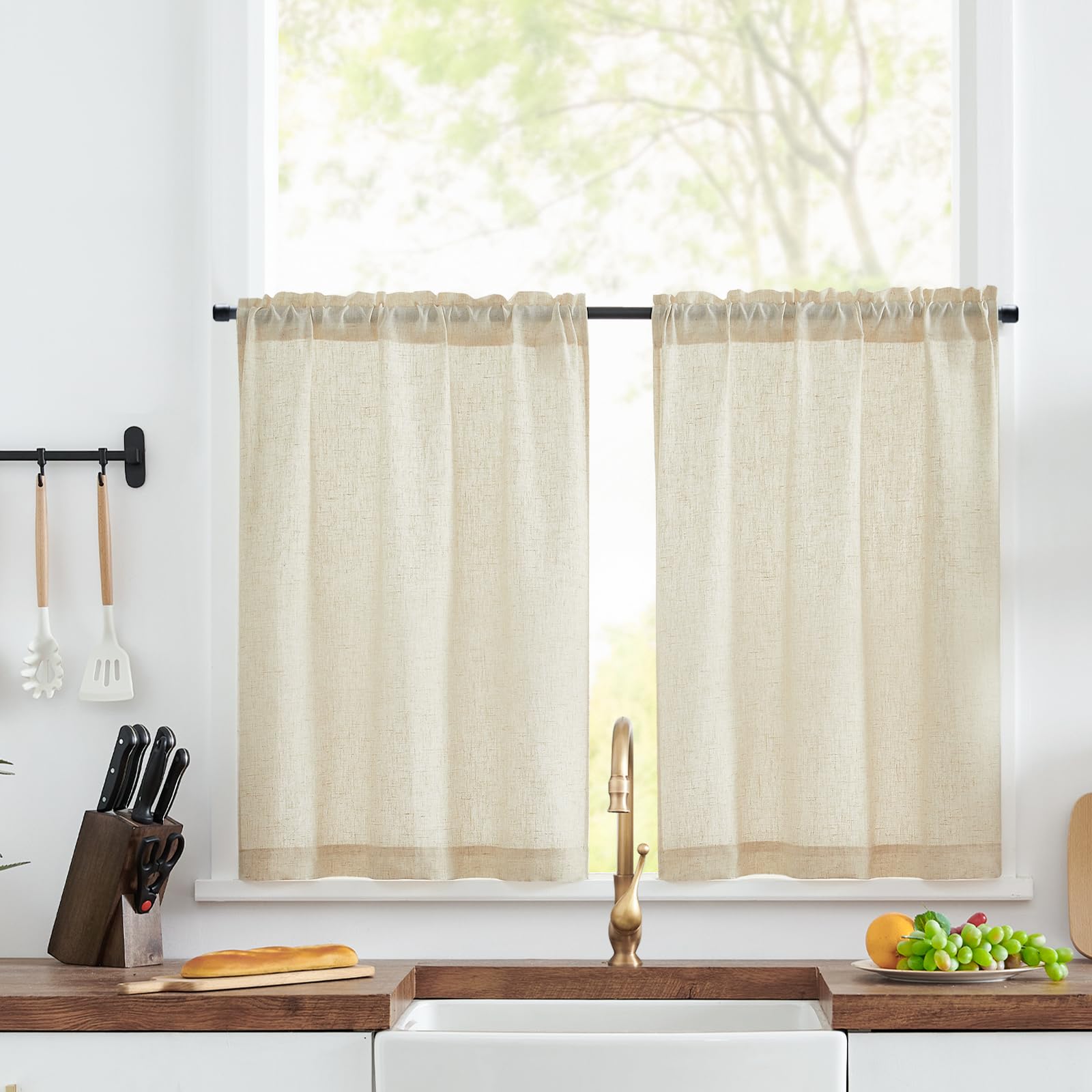 TOPICK Scheibengardinen modern Wohnzimmer Beige Bistrogardine 2er Set Scheibengardinen Küche Leinenoptik Küchengardinen H75xB65 cm Gardine für Küchenfenster Vorhänge Küche Landhausstil