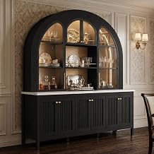 AIEGLE Arched Pantry Cabinet with Lights and Glass Doors, 63" Wide, Black