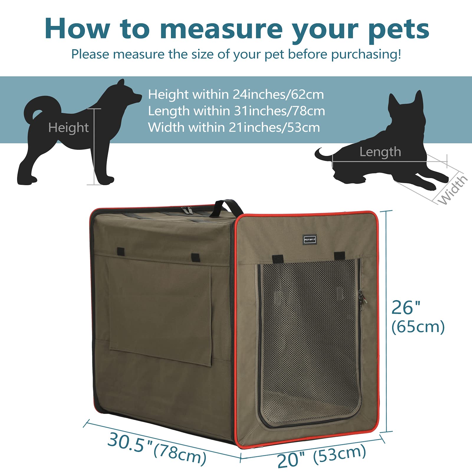 Petsfit Składana torba podróżna dla psa, lekka, duża skrzynia dla psa z trzystronnym okienkiem z siatki i kieszenią na karmę, dla małych, średnich i dużych psów