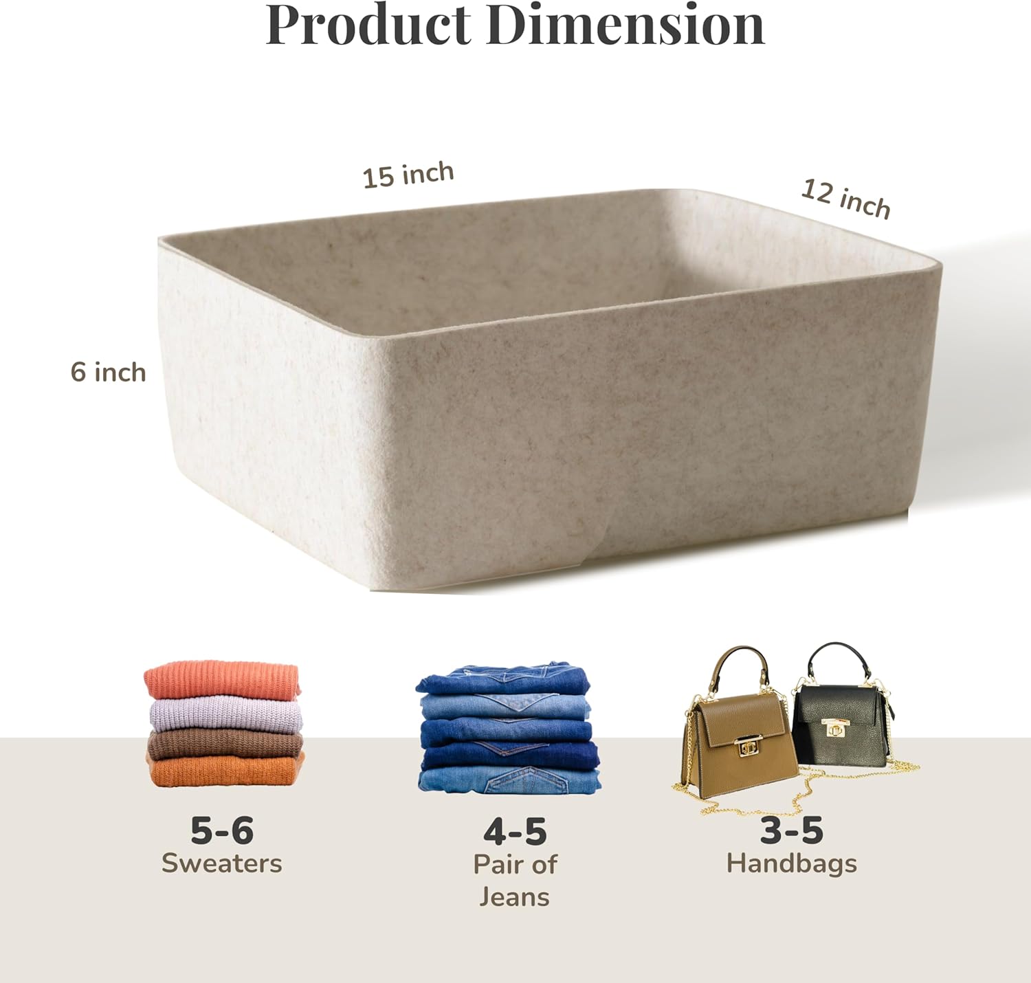 SortJoy The Large Sculpted Bin Set of 3 Storage Bin Felt Storage Basket Drawer Organizer Bins Box Toy Pet Books Clothes Closet Cabinet Bathroom, Pantry, Kitchen 15" x 12" x 6" (Stone, Oatmeal)
