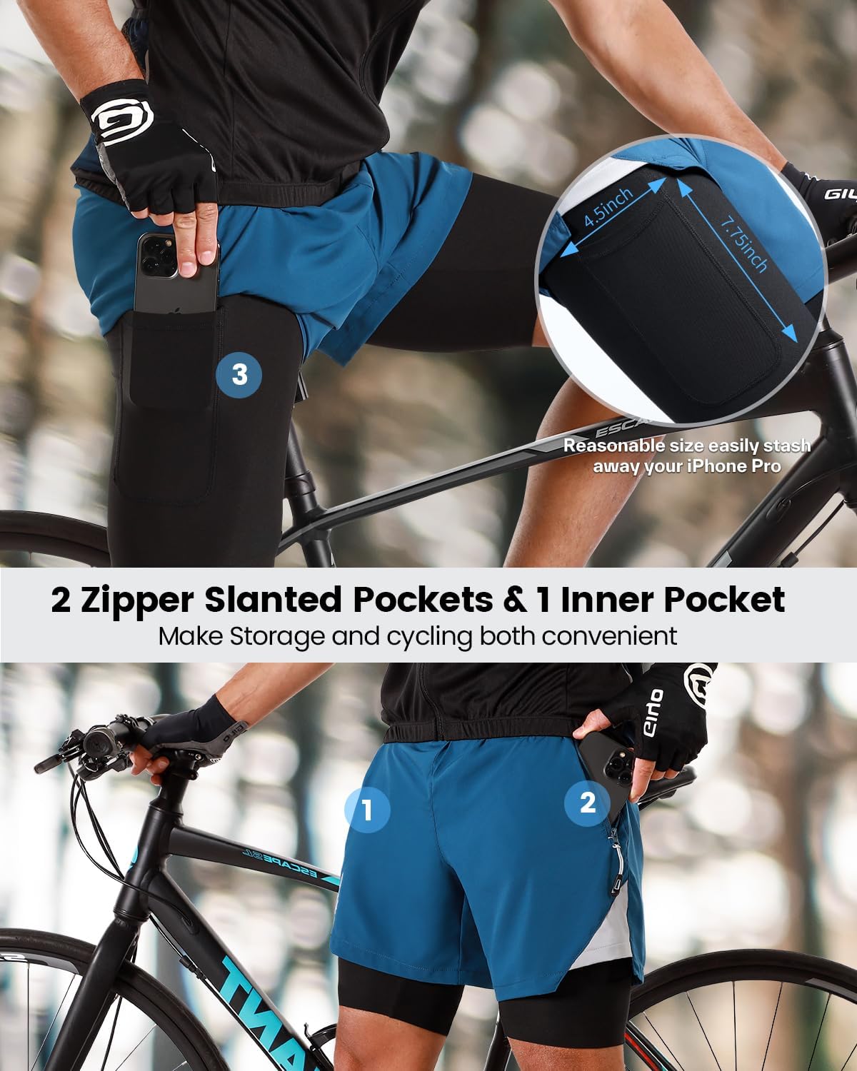 Sportneer Bike Shorts for Men - 3D Padded Lightweight MTB Fit Riding Biking Bicycle Biker Shorts with Zipper Pockets - Image 2