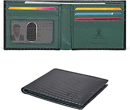 Real Leather Wallet for Mens - RFID Slim Bifold Credit Card ID Minimalist Thin Wallets, Gift for Men (Black Carbon/Green)