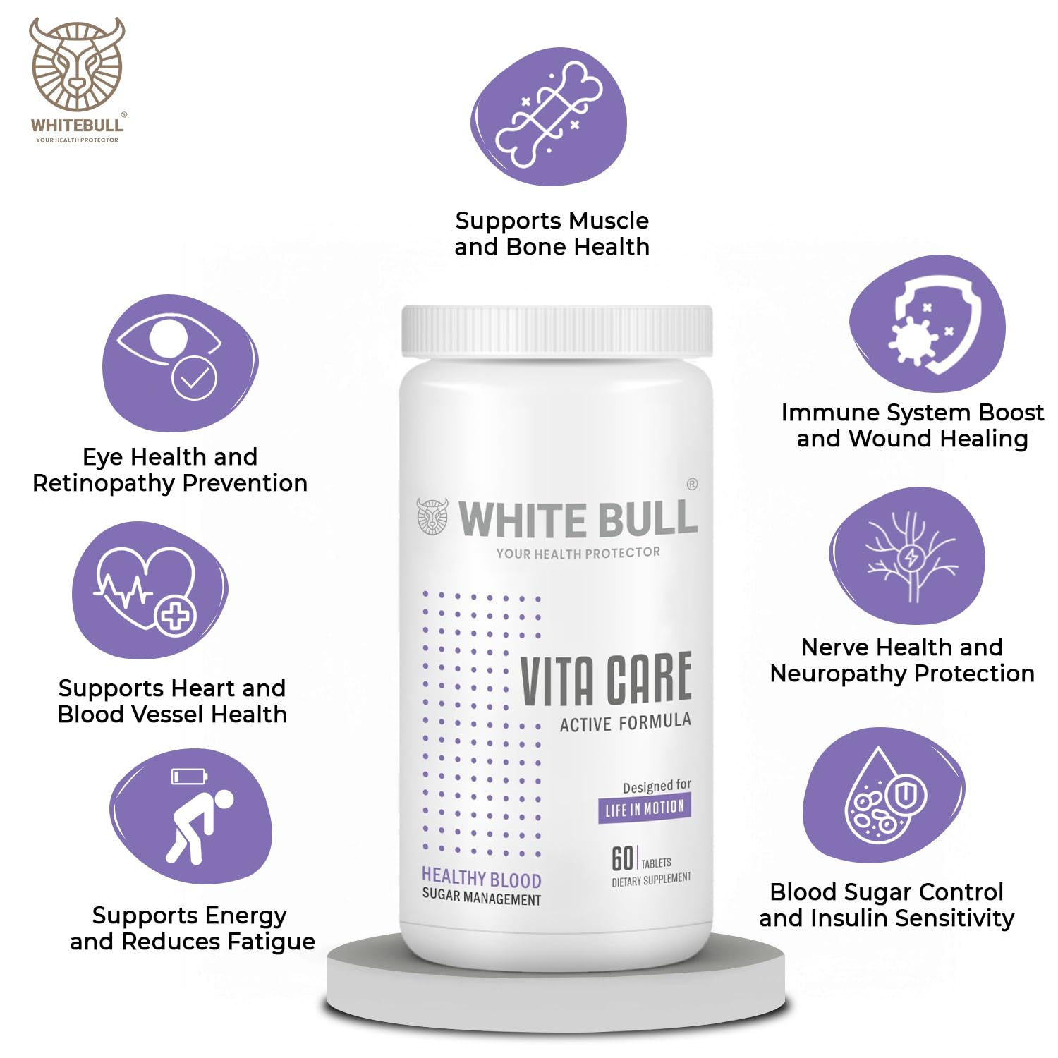 WHITE BULL Vita Care – Multivitamin for Diabetes Support | Enhances Insulin Production & Healthy Metabolism | With Essential Vitamins, Minerals & Antioxidants | 60 Tablets | Pack Of 2 WHITE BULL Vita Care – Multivitamin for Diabetes Support | Enhances Insulin Production & Healthy Metabolism | With Essential Vitamins, Minerals & Antioxidants | 60 Tablets | Pack Of 2