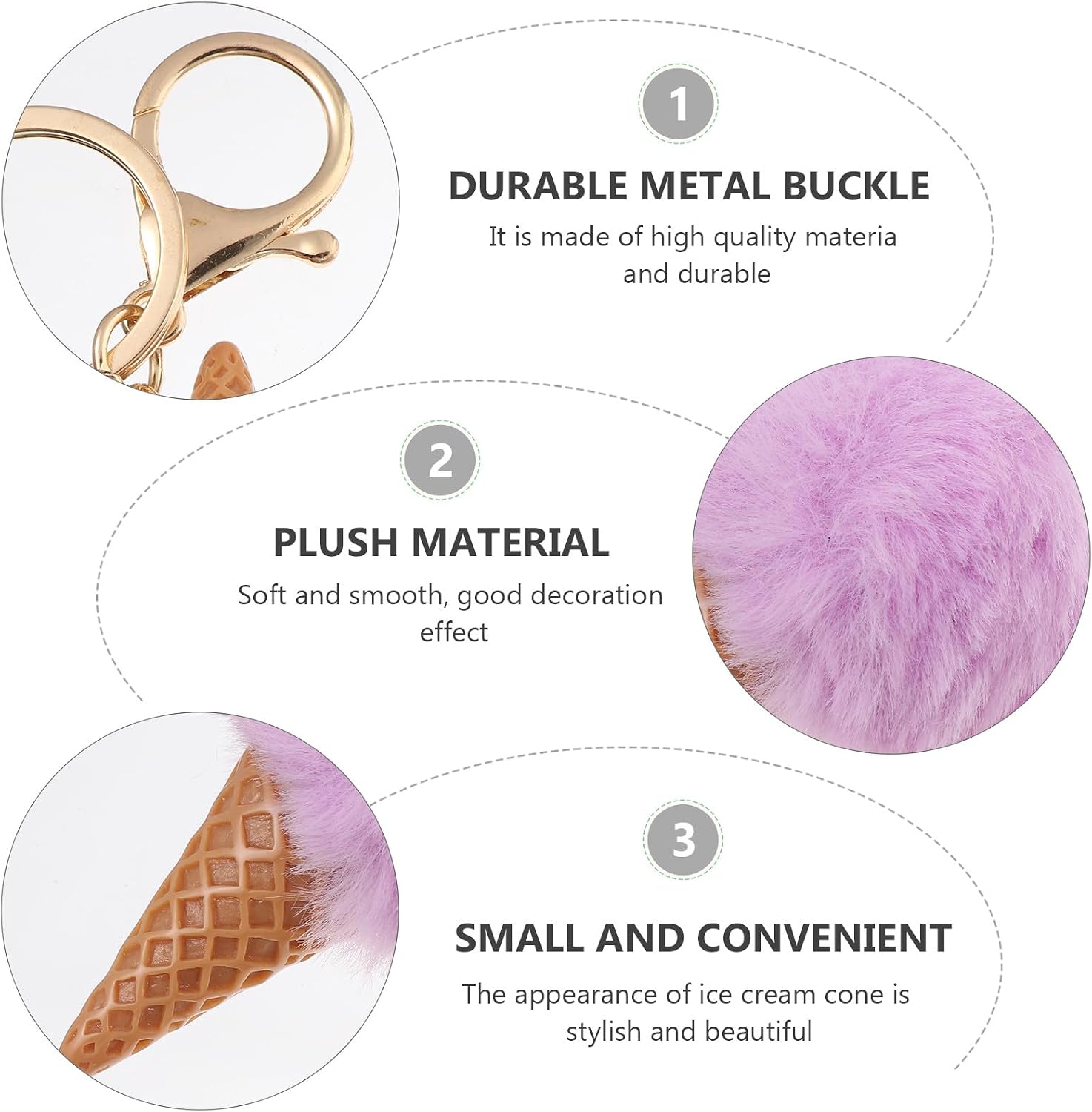 3 Pcs Plush Ice Cream Cone Key Chains, Decorative Bag Charms for Backpacks, Handbags And Purses, Assorted Colors Hanging Ornaments