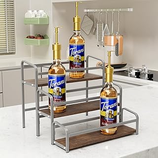 3-Tier Coffee Syrup Rack for Countertop, Large Capacity 12-Bottles Syrup Stand with Wood Shelf & Metal Frame for Coffee Bar, Premium Grey Coffee Organizer Station/Wine Rack for Kitchen Storage