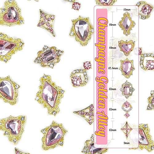 Vista 15 de 36 dijes de uñas de corazón rojo, de aleación de lujo dorada, dijes de San Valentín para uñas, diamantes de imitación rojos en 3D, diamantes