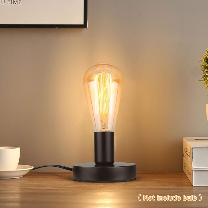 Helunsi Helunsi Industrial Table Lamp Base, E26 E27 Lamp Base Without Shade, Mini Short Desk Lamp Exposed Bulb Base, Simple Metal Edison Light Bulb Stand, with 5.8ft Cord Switch Plug Bulb Base Holder (Black) photo 2