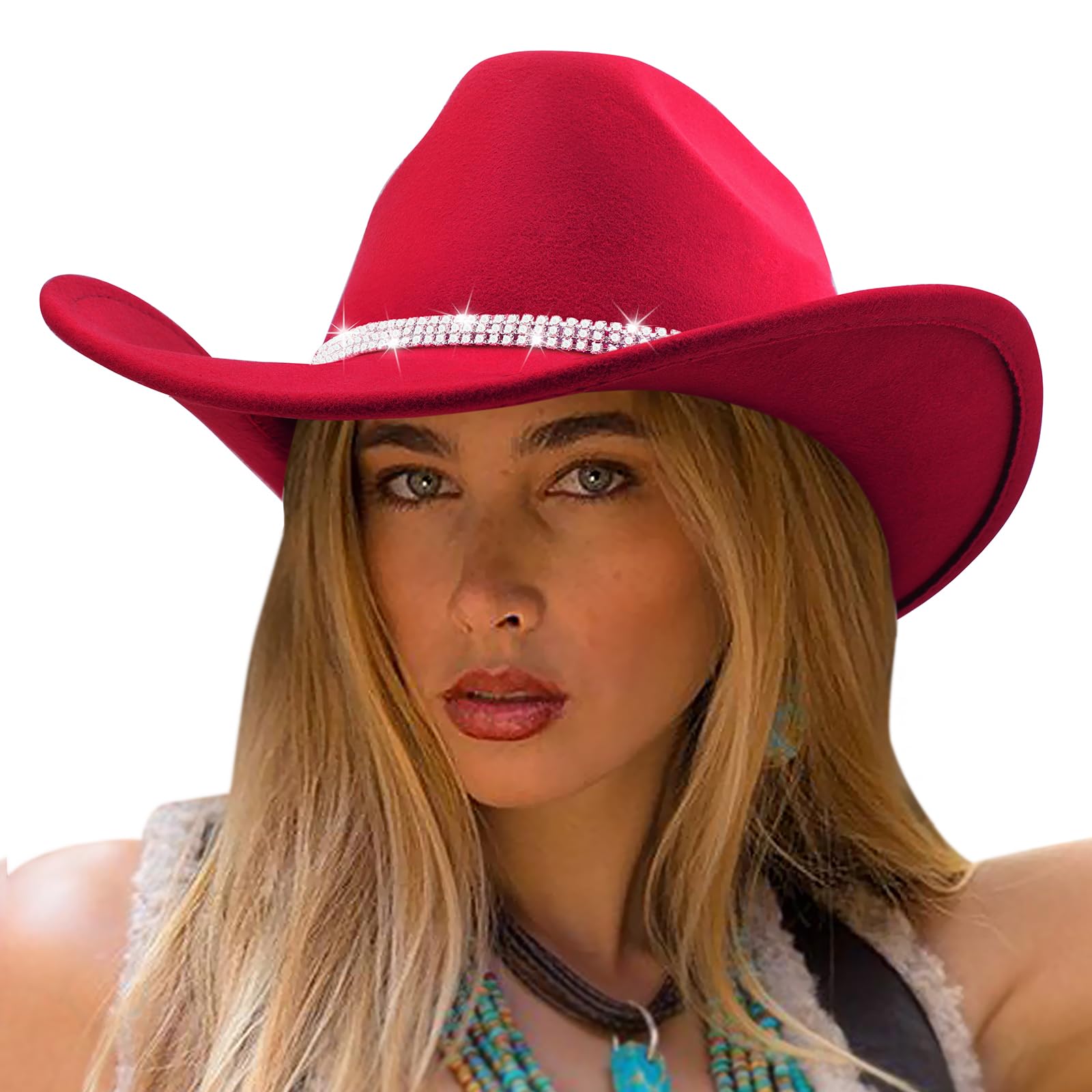 DRESHOW Cowboy Hat Women Western Felt Roll Up Cowgirl Hat Classic Bling Diamond Band Decoration Rodeo Fedora