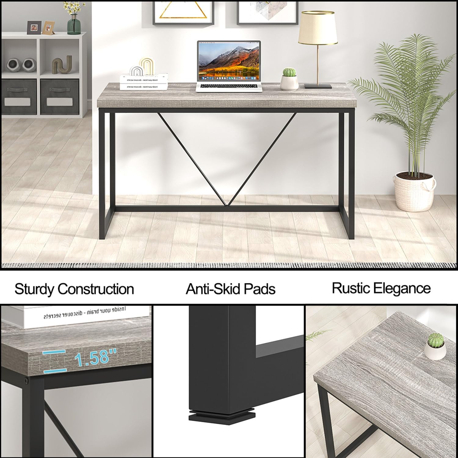 FOLUBAN Modern Home Office Desk, Industrial Vintage Computer Desk, Rustic Wood and Metal Study Writing Table, Simple Work Gaming PC Desks for Bedroom Living Room, Light Grey 53 Inch