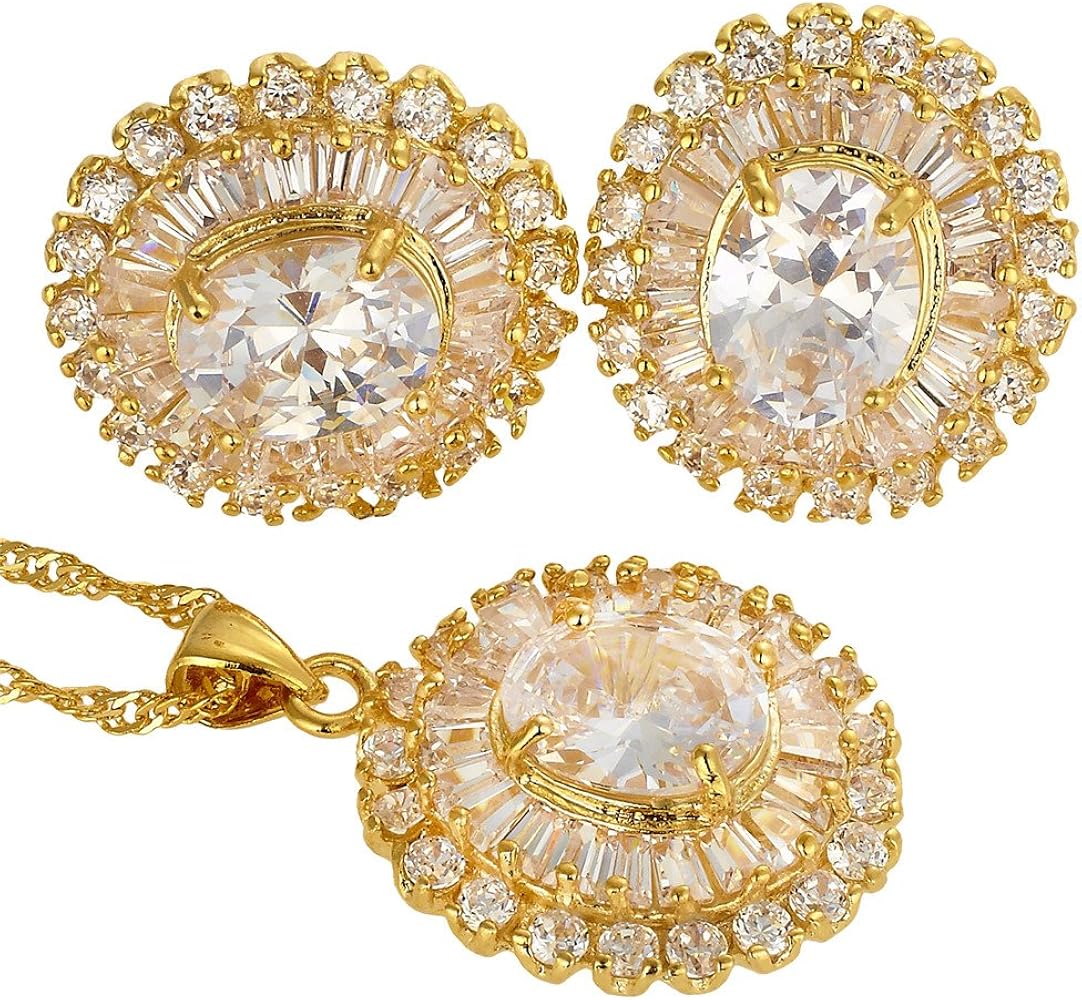 RIZILIA FLOR] Conjunto De Joyas Colgante Con 45cm(18") Cadena & Stud Pendientes Corte Redondo Piedras Preciosas Circonita CZ [6 Colores Disponibles] En 18K Chapado En Oro Amarillo, Elegancia Moderna