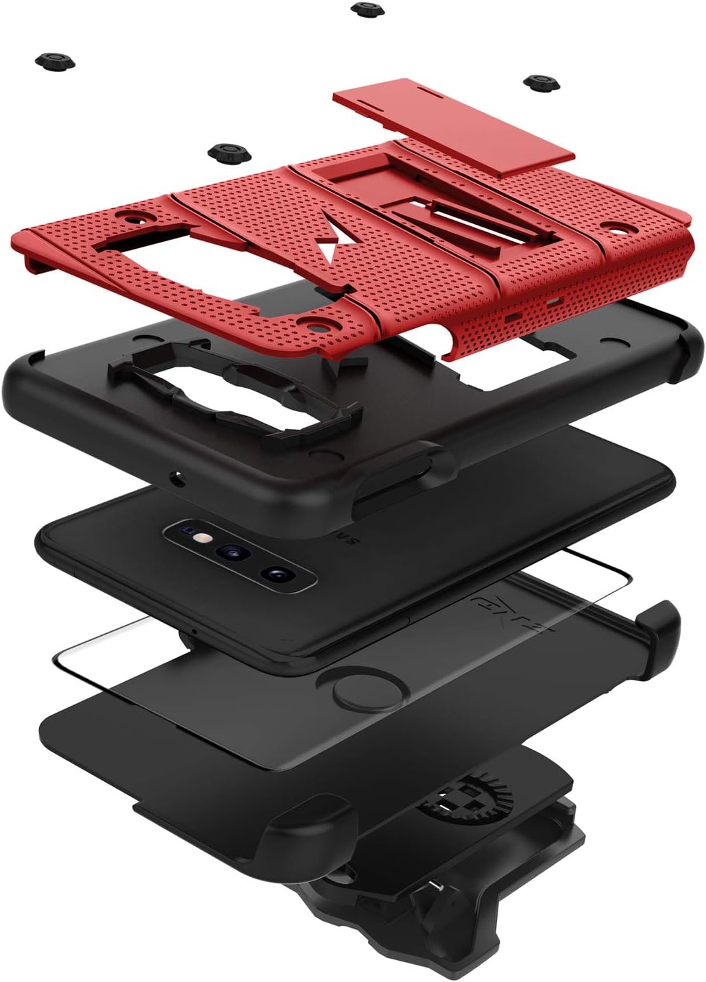 Zizo Bolt Cover - Case for Samsung Galaxy S10e with Military Grade + Glass Screen Protector & Kickstand and Holster (Red/Black)