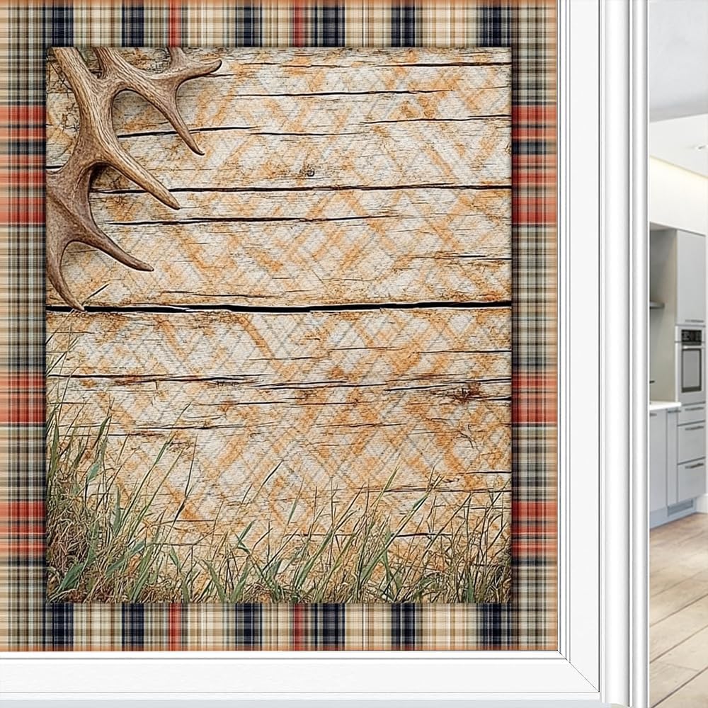 Minimalist Pattern Deer Window Privacy Film Vintage Textured Natural Wood Stained Glass Window Film Decorative Window Sticker for Home Window&Glass Door, Sun Blocking 35.4Wx63L inch