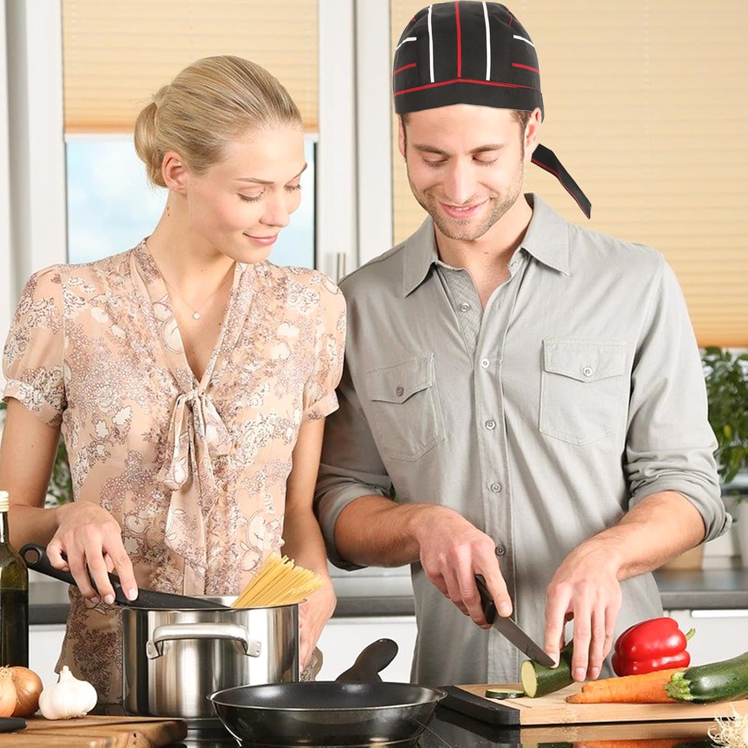 MAGICLULU 2pcs Chef Hats and Cook Uniform Caps with Colorful Stripe Ribbon, Unisex Kitchen Restaurant Working Hats for Food Service Staff