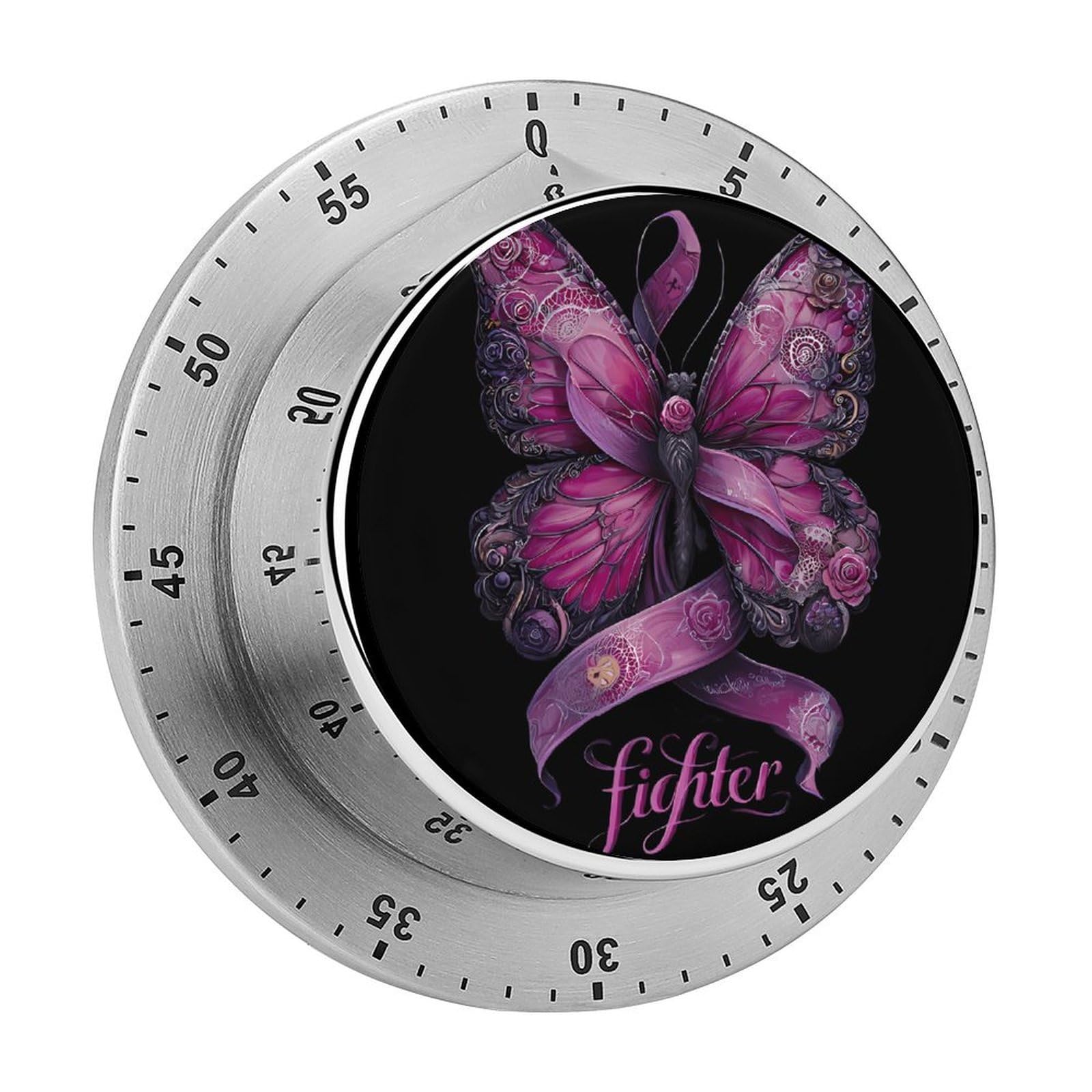 Breast Cancer Awareness Fighter Butterflys Mechanical Timer with Alarm for Kitchen Cooking Productivity Stainless Steel Timers
