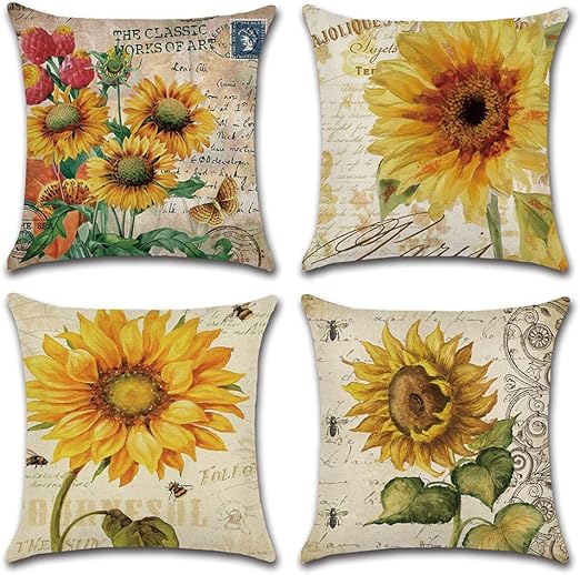 Amazon Co Jp クッションカバー 4枚セット 北欧 かわいい 花柄 ひまわり 自然の風景 座布団カバー 抱き枕カバー 45 45cm おしゃれ リネン 亜麻 部屋雑貨 ソファー 車用 インテリア 飾り ベッド 背当て 枕カバー 可愛い 黄 ビンテージ ホーム キッチン