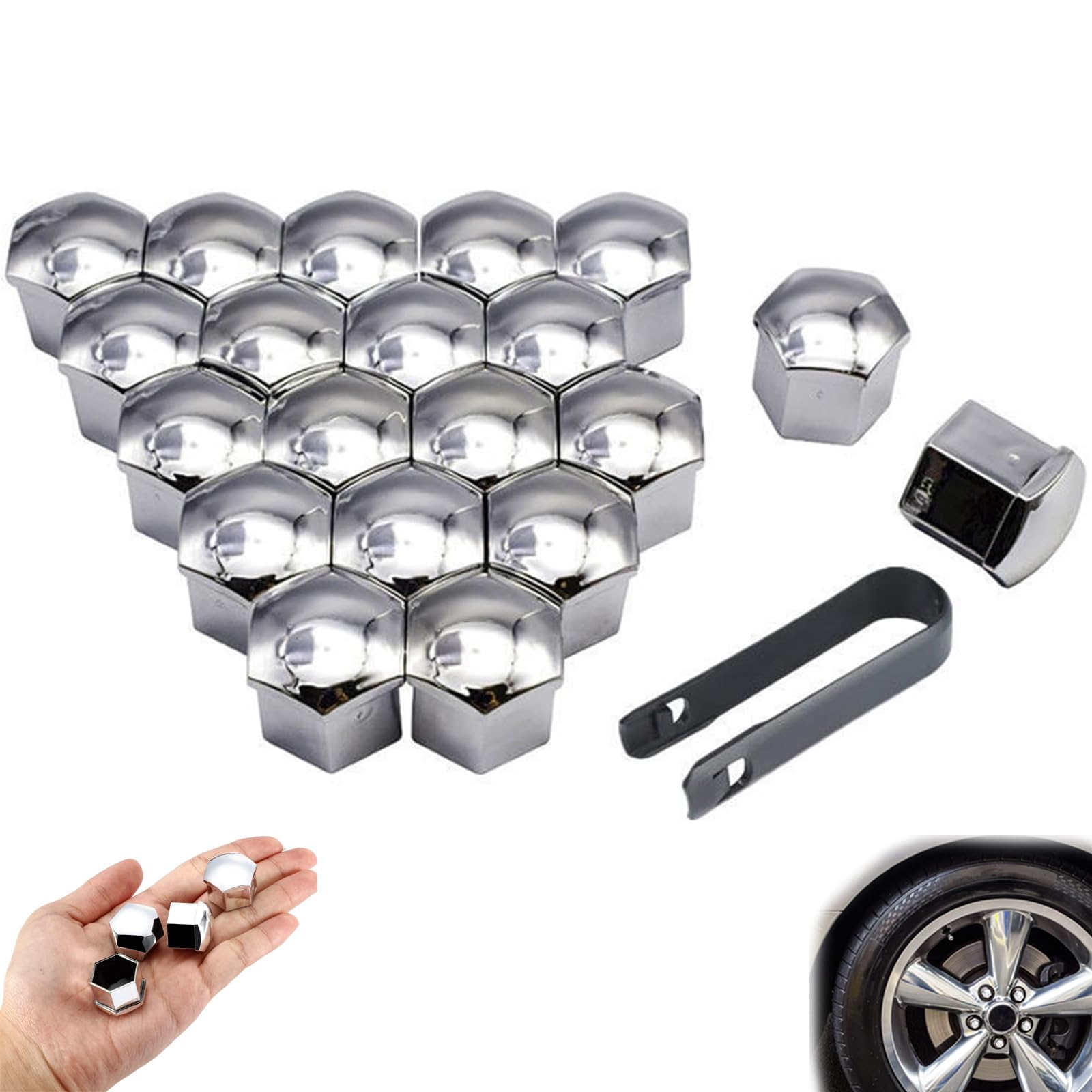 Gebildet 22Pcs 19mm(Interne Diameter) Wielmoer Cap, Wielbout Moer Caps Covers, Zeshoekige Bandmoer Covers met Removal Tool Set Voor Auto's (Grijs