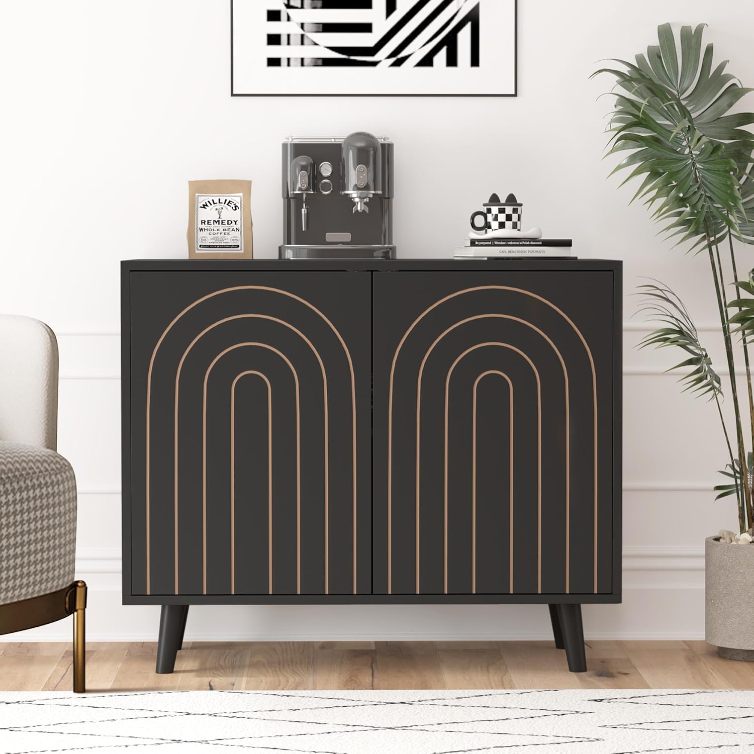 weselon Accent Cabinet with Carving Lines, Modern Buffet Sideboard with Adjustable Shelves, Decorative Storage Cabinets for Bedroom Living Room Kitchen Office and Hallway (Black, 1)