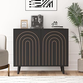 weselon Accent Cabinet with Carving Lines, Modern Buffet Sideboard with Adjustable Shelves, Decorative Storage Cabinets for Bedroom Living Room Kitchen Office and Hallway Black, 1