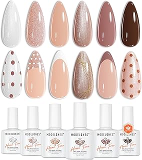 modelones Nude Hema Free Gel Nail Polish Set, 6 Colors Nude White Neutral Brown Skin Tone Beige Khaki Glitter Gel Polish Kit 2026 Spring Gel Nail Kit Polka Dot Nails Soak Off French Nail Art Manicure