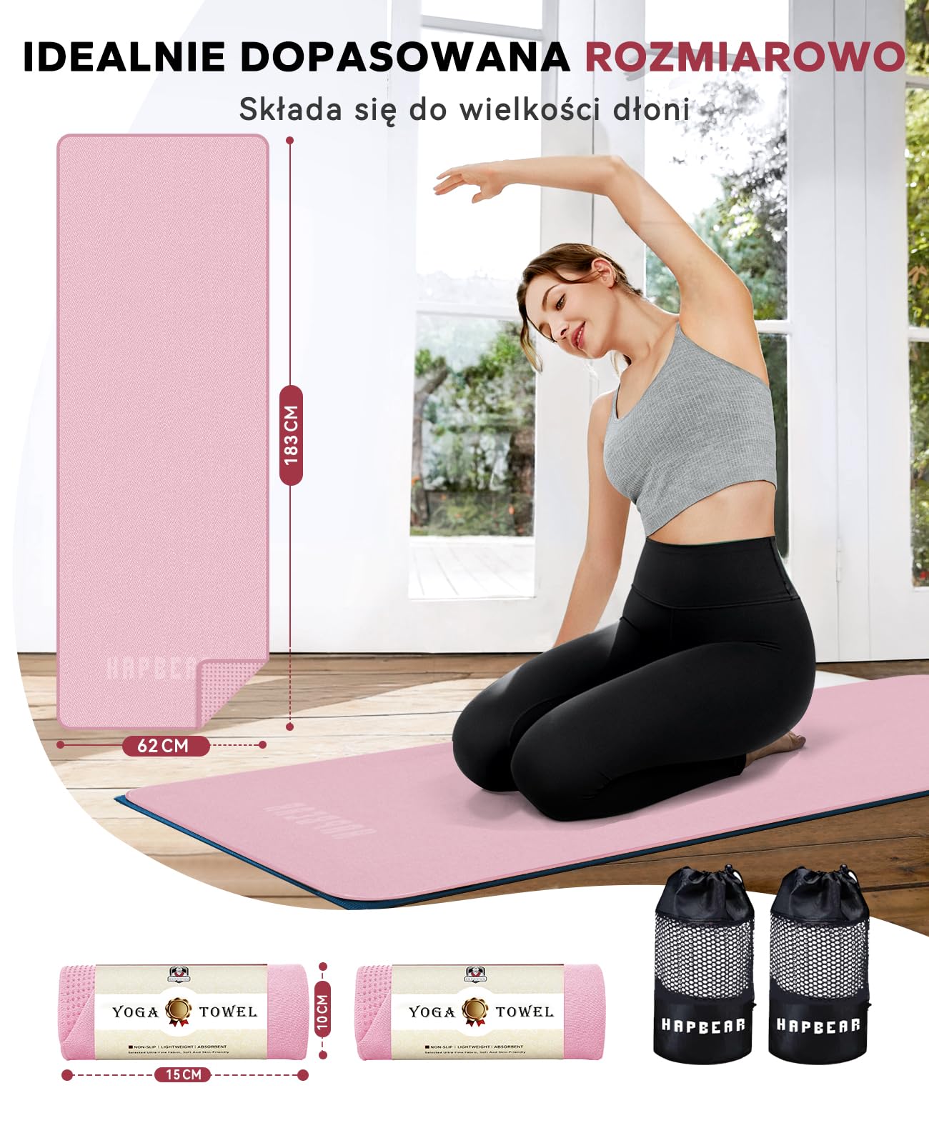 HAPBEAR Antypoślizgowy ręcznik do jogi 183 x 61 cm na matę, chłonny z mikrofibry z silikonowymi wypustkami, szybkoschnący Yoga Towel do Hot Jogi, Pilates, Fitness & Bikram (Różowy-2)