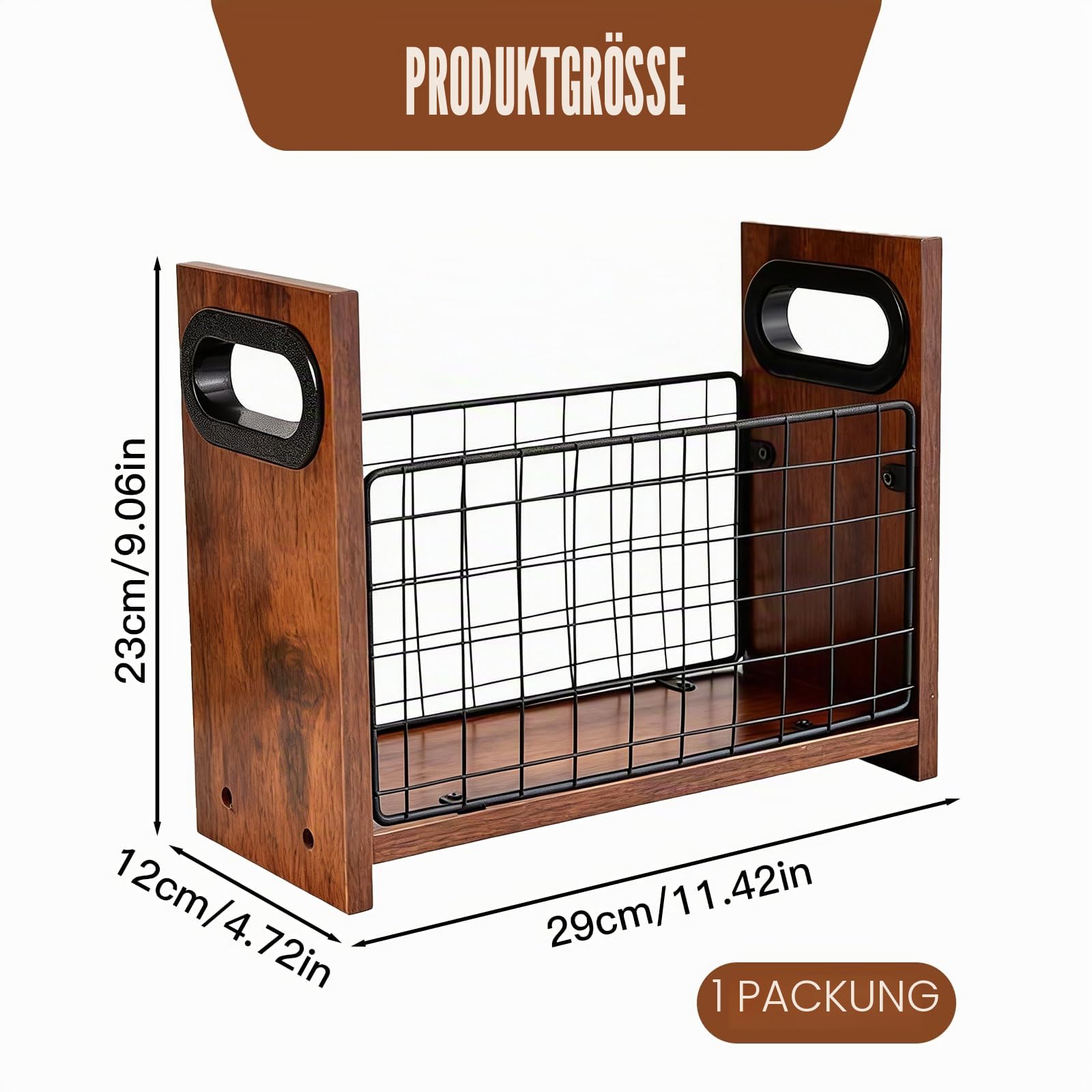 Zeitschriftenhalter und Ständer aus Holz, Zeitschriftenständer Retro-Stil, Brauner Netz-Aufbewahrungskorb, Zeitungsständer Holz für Bücher, Zeitungen, Akten