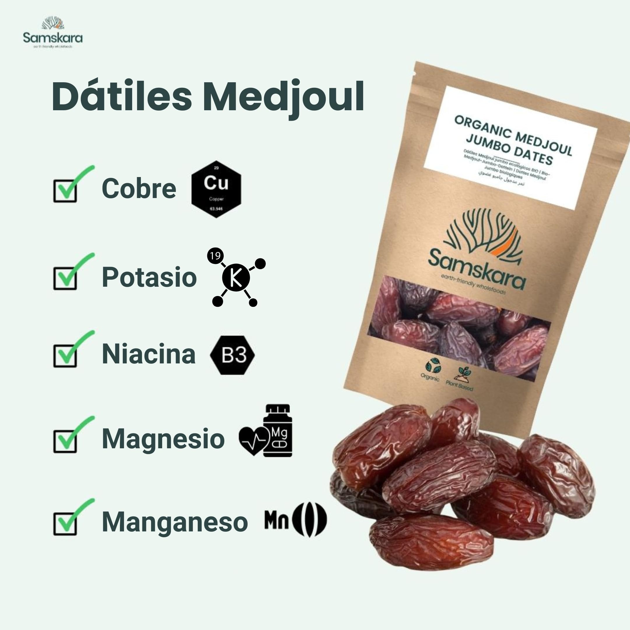 Dátiles Medjoul BIO Premium Jumbo | 2 kg | Naturales y Ecológicos | Organic Medjool Dates | Datiles con semilla | origen EE UU/Israel | Frescura Garantizada - Samskara