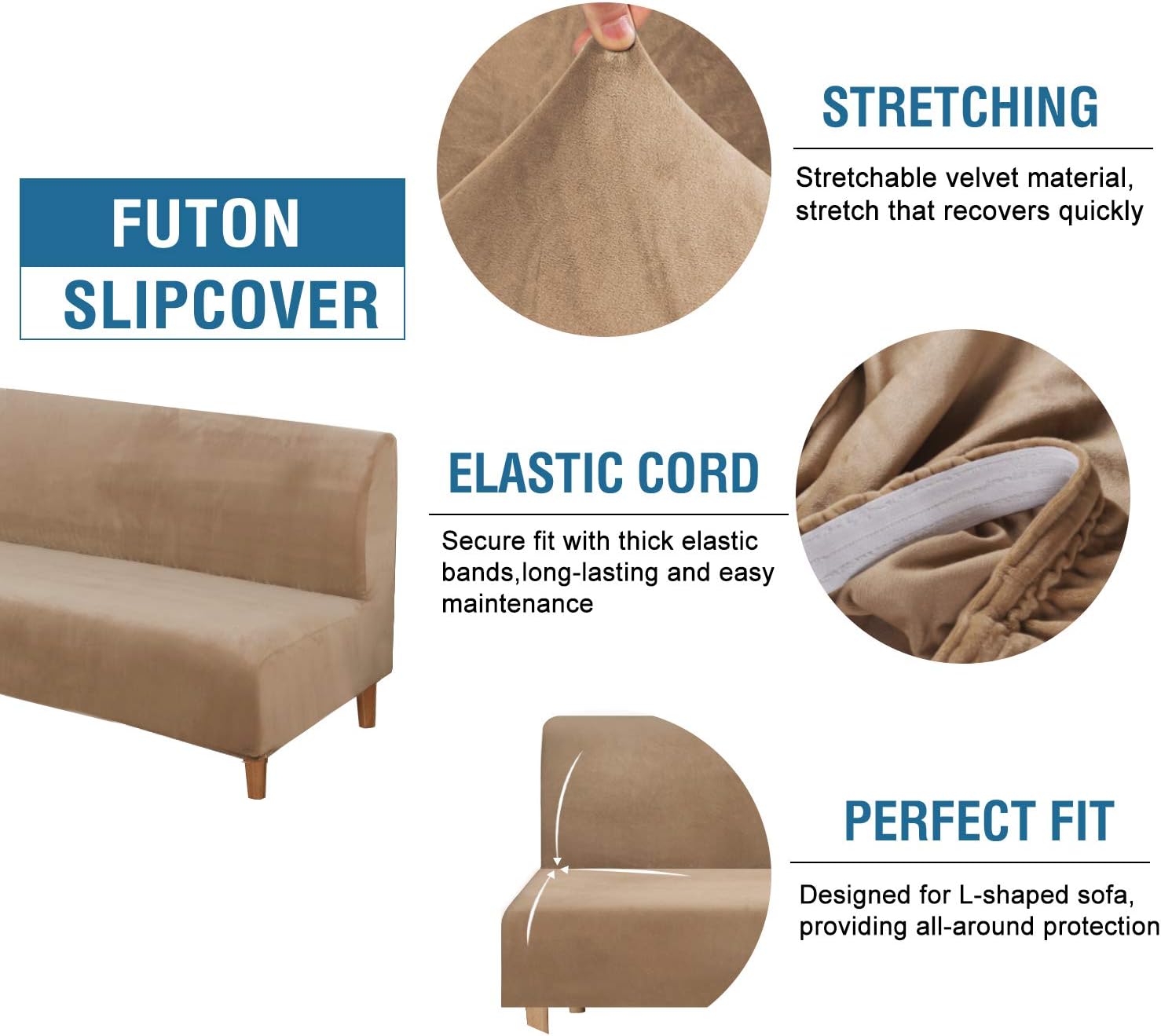 H.VERSAILTEX 3 Piece Sofa Cushion Covers Bundle Armless Futon Cover, Camel