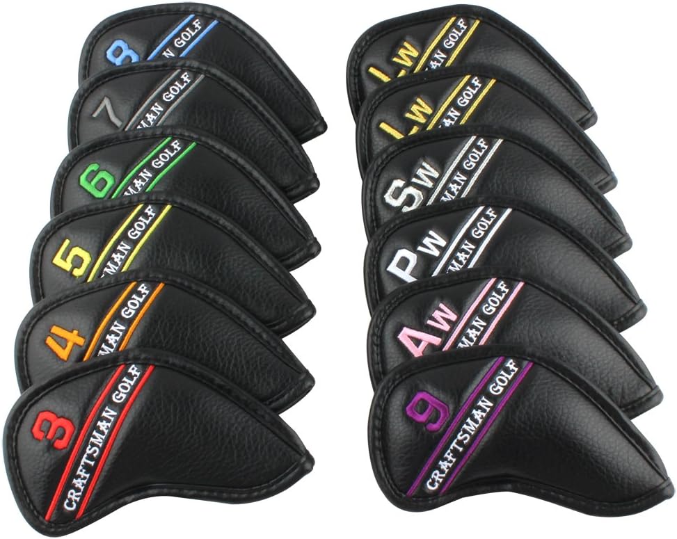 Craftsman Golf 12pcs or 1pc Black Synthetic Leather Golf Iron Head Covers Set Headcover with Colorful Number Embroideried For Callaway, Ping, Taylormade, Cobra For Right and Left Handed Golfer