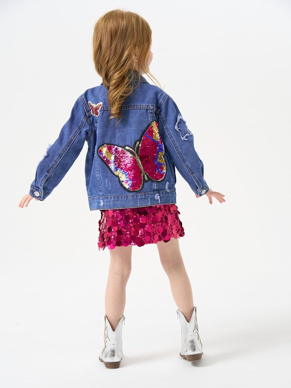 Miipat Toddler Girls Denim Jacket Sequin Patchwork Jean Jacket Little Kids Button Down Long Sleeve Jean Coat - Image 3