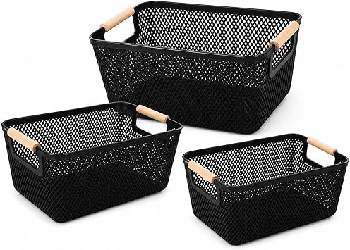 Black Plastic Mesh Storage Baskets,Storage Basket with Wooden Handle
