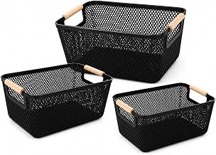 Black Plastic Mesh Storage Baskets,Storage Basket with Wooden Handle | Pantry Organisers and Storage, Breathable, Stackable, Multipurpose Vegetable Basket for Home Office Kitchen
