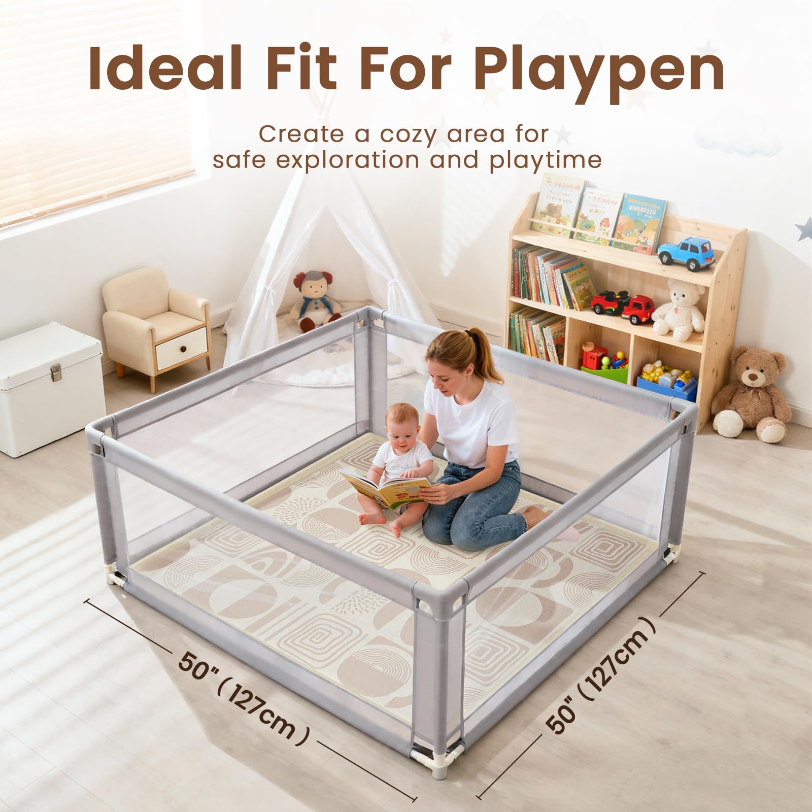 Tappeto Gioco Neonato Gattonamento, 127x127x3cm, Tappetone Pieghevole per Bambini, Superficie in Morbida Flanella con Base Antiscivolo per Camera e Soggiorno - Motivi Geometrici Marroni