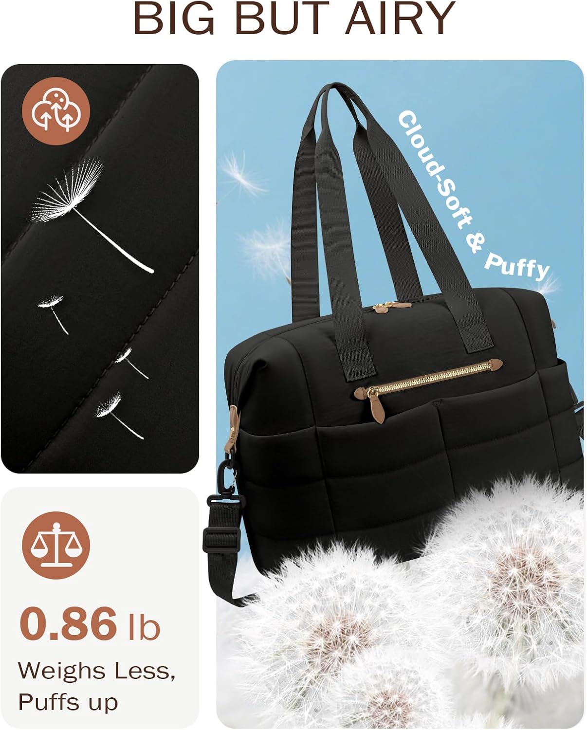 Tuwubi Travel Duffel Bag, Puffer Gym Bag for Women Lightweight Weekender Overnight Bags, Carry On Tote For Spirit Airlines Personal Item Bags with Toiletry Pouch(Black, M) - Image 5