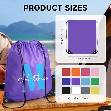 Custom Drawstring Bags With Logo, 100 Pack Personalized Text Drawstring Backpack Bulk Great for Travelling, Gym and for Everyday Use (Purple)