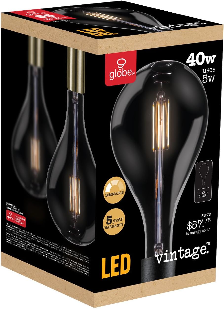 Globe Electric 40W Equivalent Soft White (2200K) Oversized Vintage Style Dimmable LED Incandescent Light Bulb, E26 Base, 500 Lumens, 30685