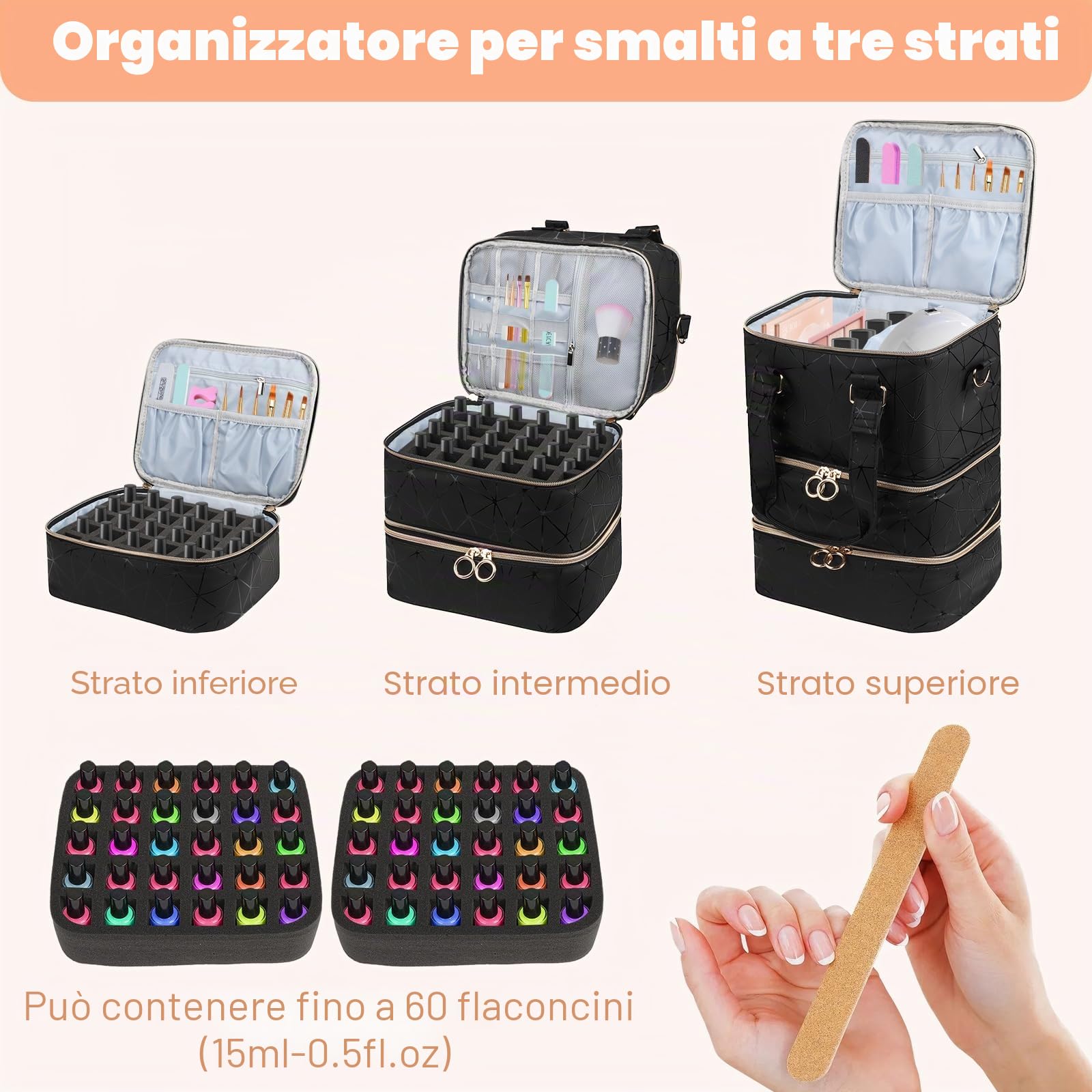 Porta Smalti Organizer,Contenitore per unghie di grande capacità per 60 Flaconi di smalto e 1 lampada LED per unghie, Organizer per Unghie,3 Ripiani Scatola da Viaggio Per Smalti per Nail Art