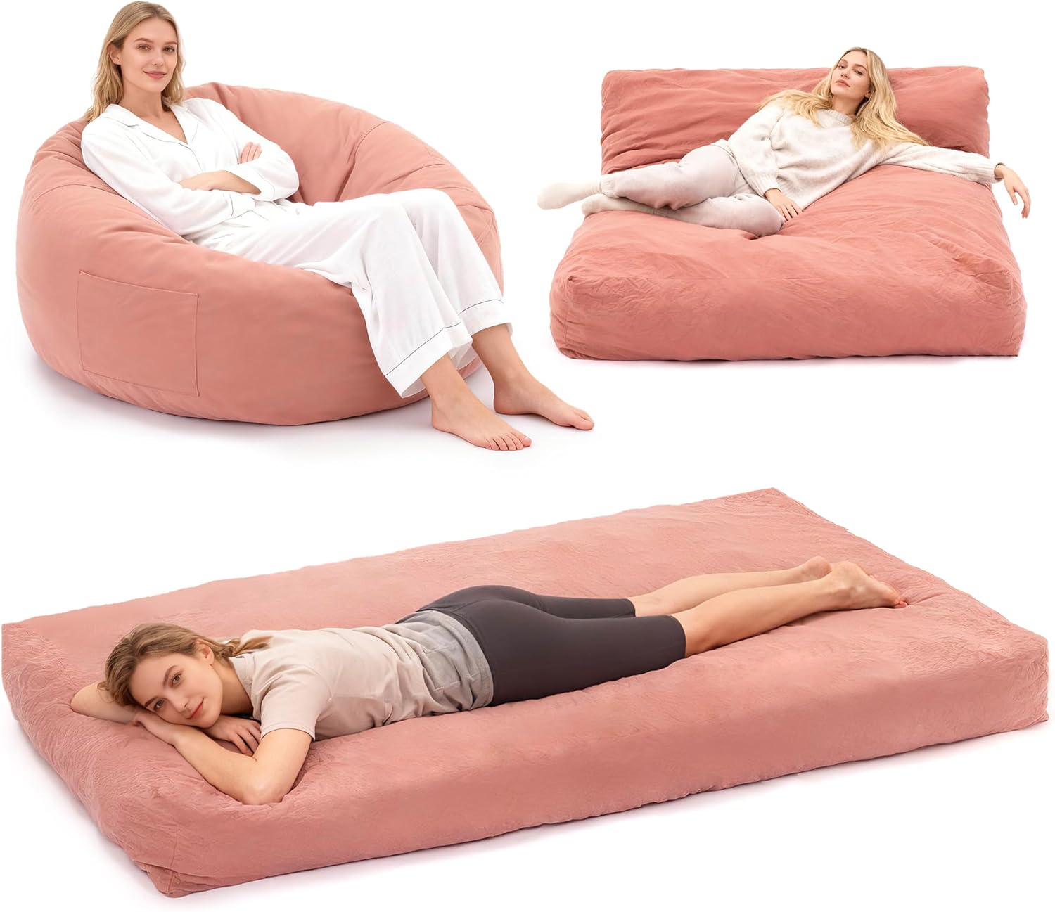COSIEST 35.4" Dutch Velvet 3-in-1 Bean Bag Chair Adults Twin Pink Convertible Lounger Memory Foam Filled Living Room Bedroom Floor Mattress Wall-Back Lounge