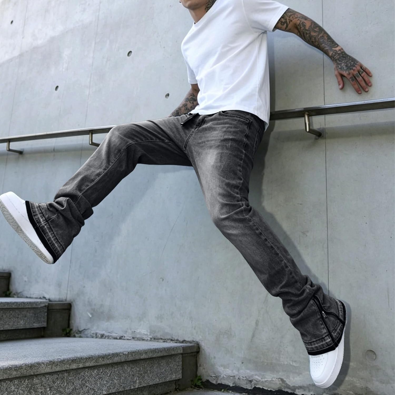 Men's Stretch Flare Jeans Washed Distressed Denim Pants Side Ankle Zipper Hem Slim Hip Hop Streetwear Jeans