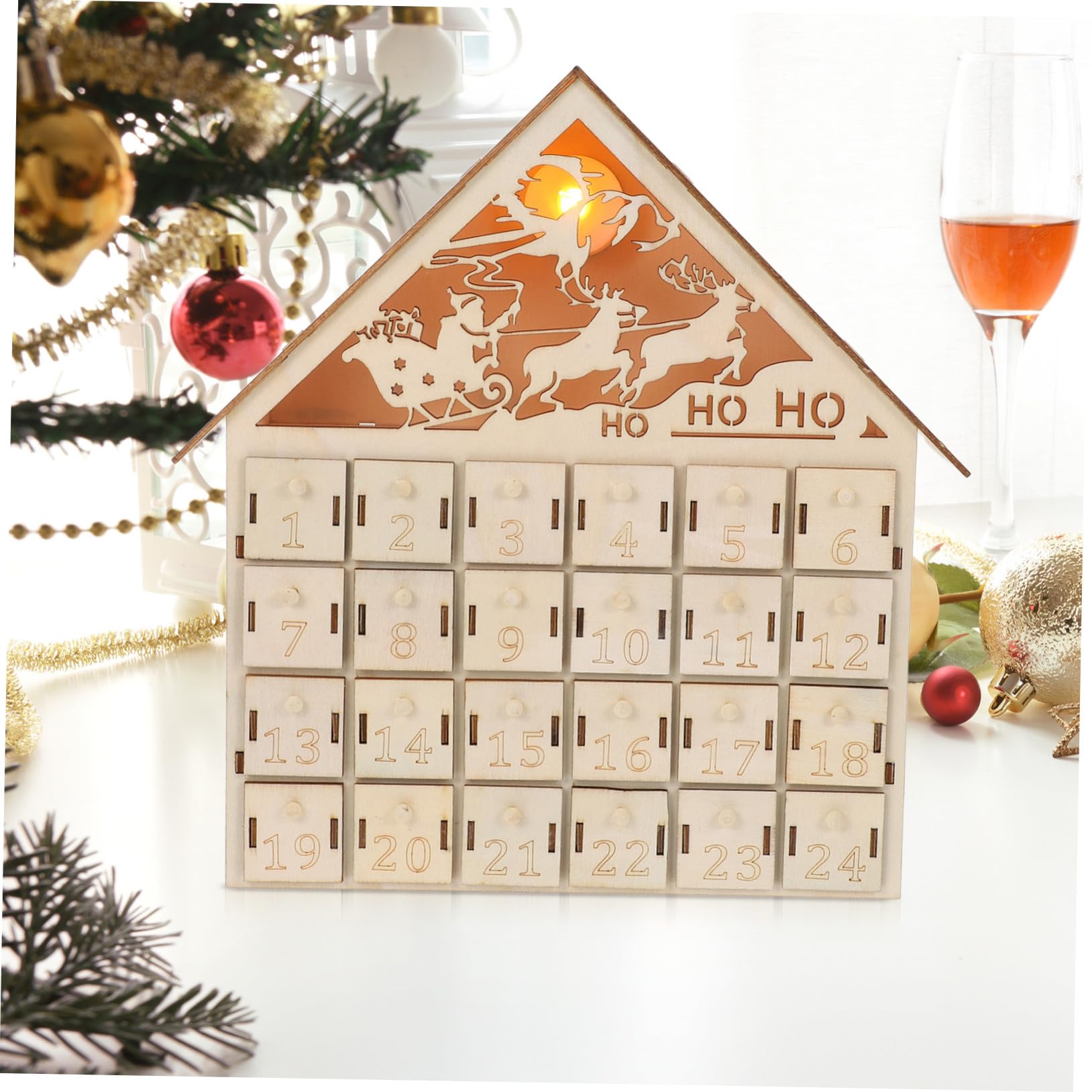 Weihnachtscountdown Kalender Holz Adventshaus mit Led-beleuchtung Schubladenkalender zum Befüllen Wiederverwendbare Xmas Goodie-boxen Rustikale Energiesparende Weihnachtsdeko
